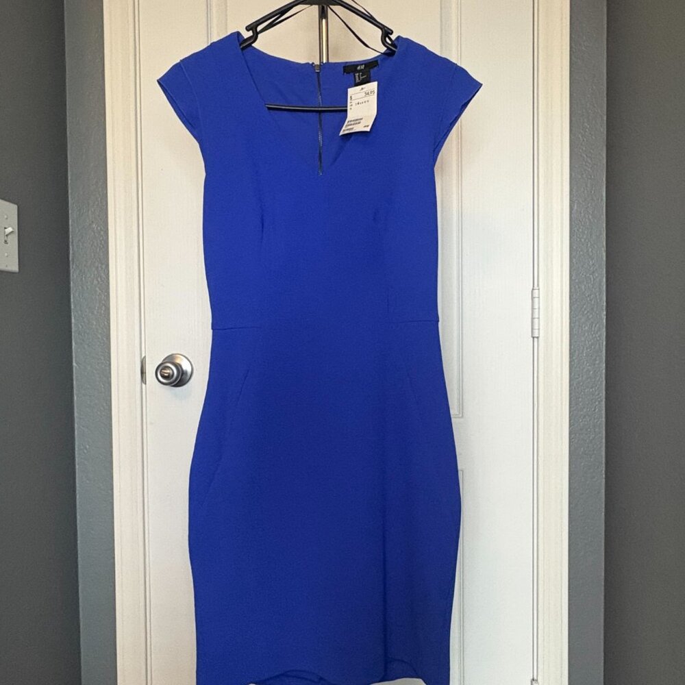 NWT H&M Blue Cap Sleeve Dress Knee Length Professional Women's Size 4 US 34 EUR